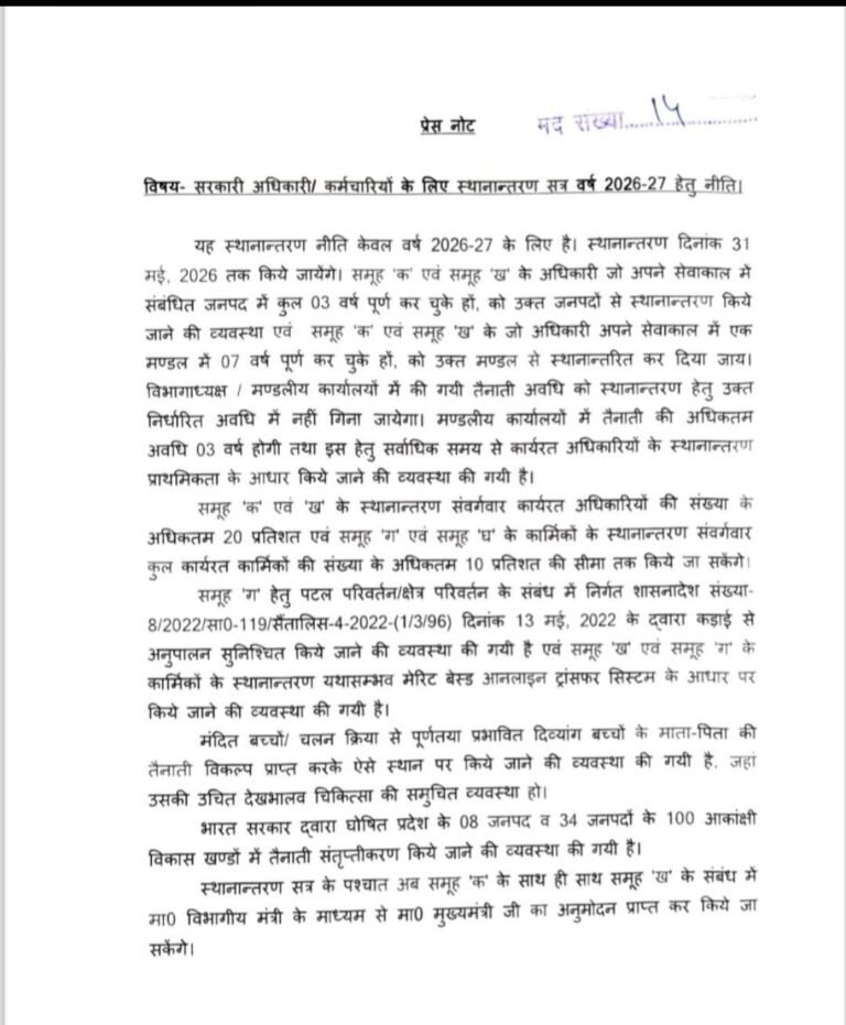 नई ट्रांसफर पॉलिसी को भी मंजूरी:  31 मई 2026 तक हो सकेंगे राज्य कर्मियों के ट्रांसफर