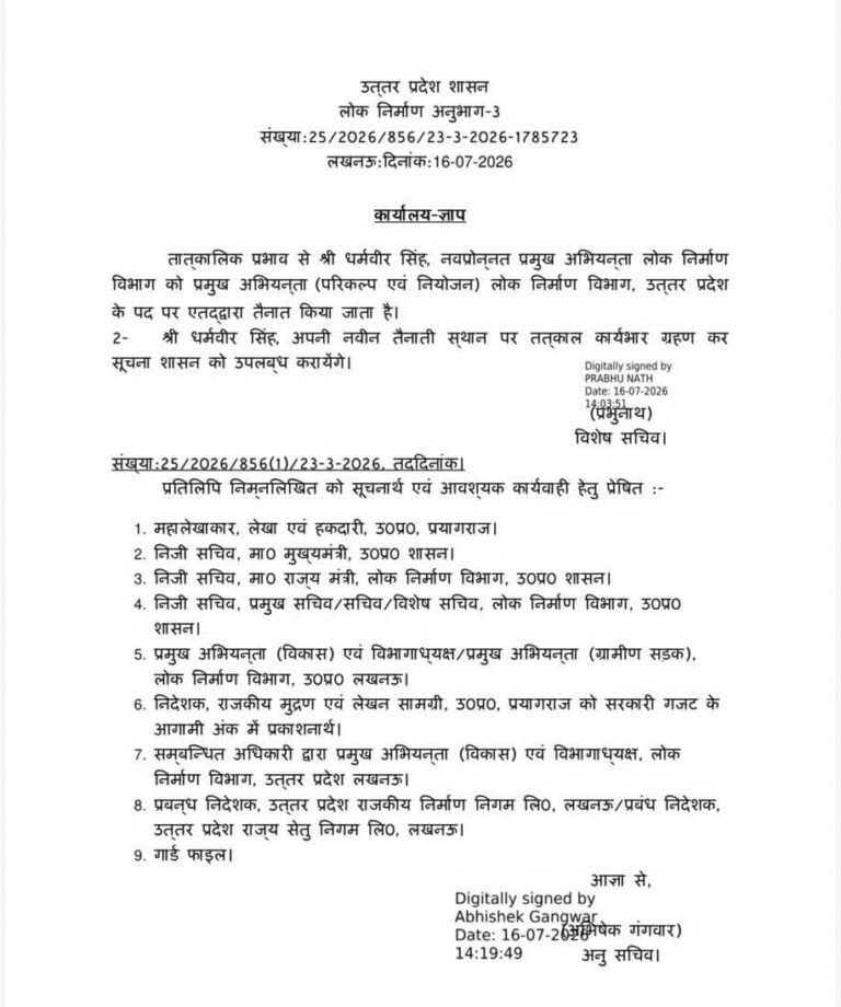 लोक निर्माण विभाग (PWD) में बड़ा प्रशासनिक बदलाव
