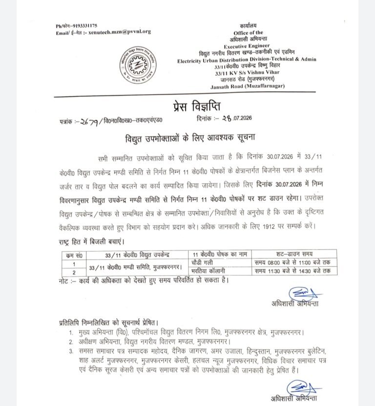 30 जुलाई को मुजफ्फरनगर के दो क्षेत्रों में रहेगी विद्युत आपूर्ति बाधित